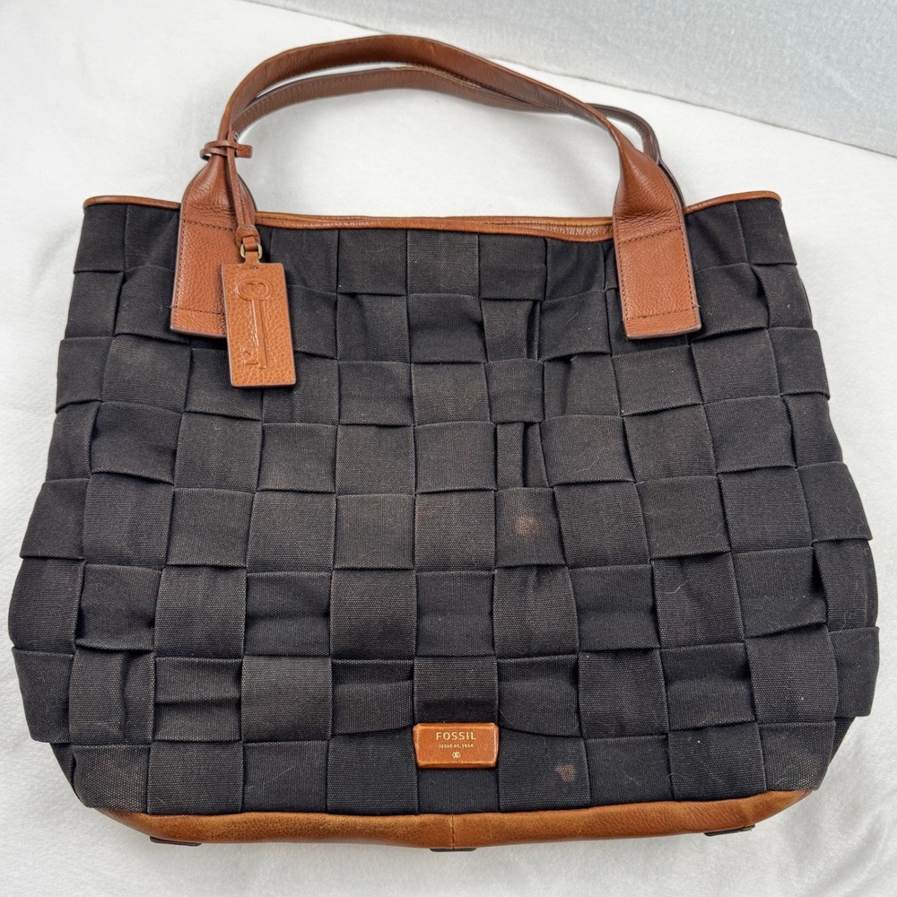 Fossil Woven Canvas Tote Bag Black Brown Leather Trim Shoulder Bag Key Fob